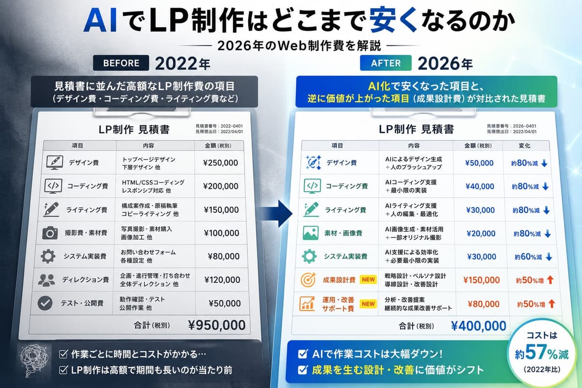 「AIでLP制作はどこまで安くなるのか」。2022年の見積書（合計¥950,000）と、作業費が約80%減り成果設計費などが加わった2026年の見積書（合計¥400,000、約57%減）の比較